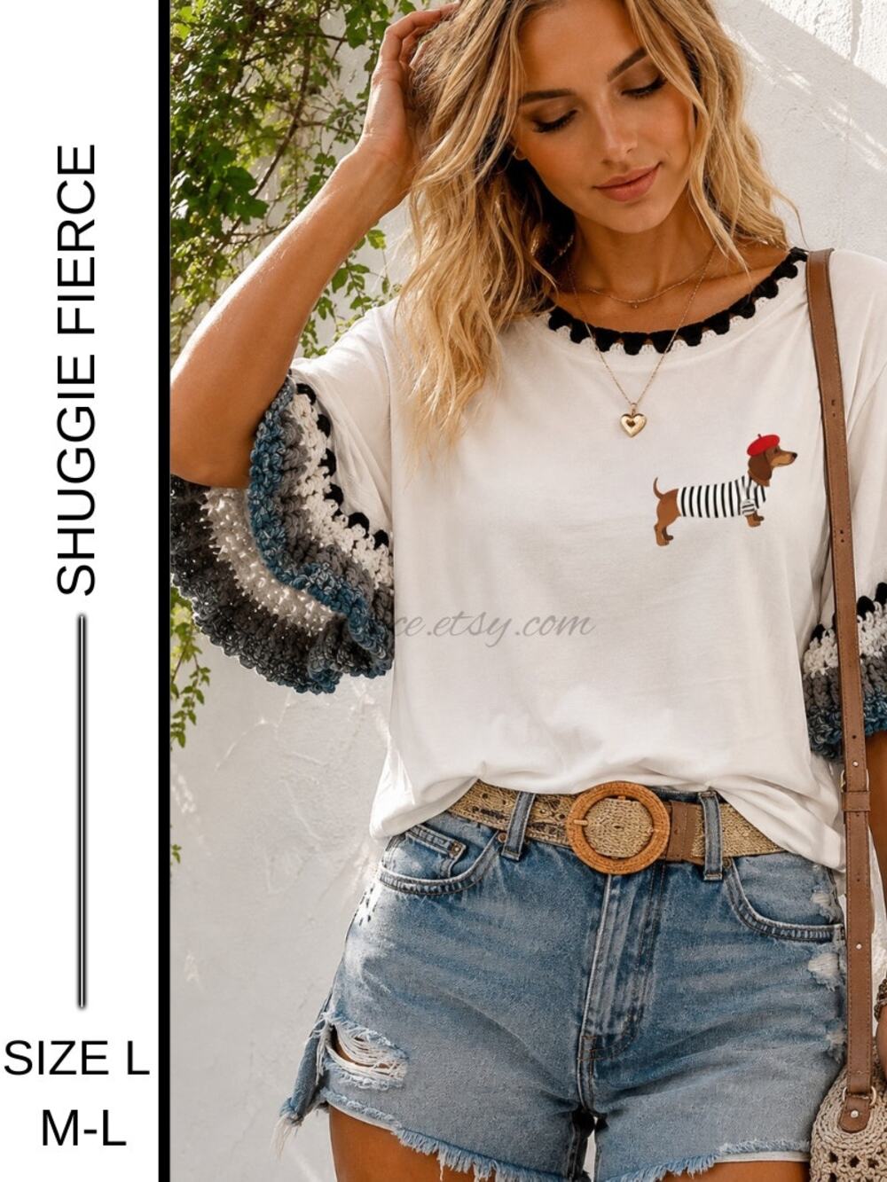 ✨Shuggie Fierce Designs Upcycled Dachshund Crochet Sleeve T | Size L (Fits M–L)✨